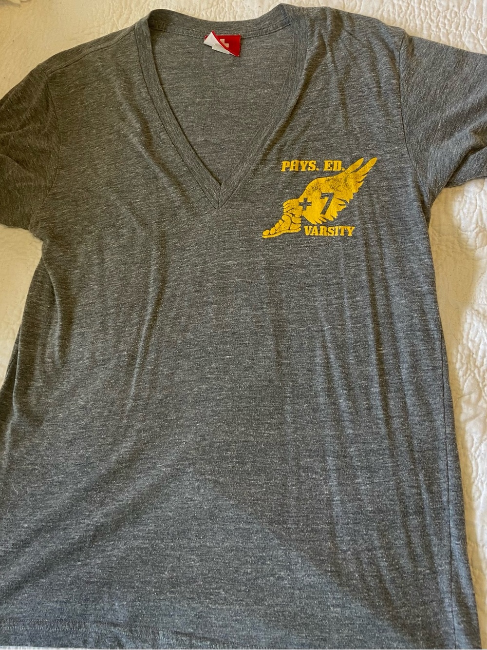 Andrew Christian Gray V-Neck Tee with Yellow Varsity Graphic